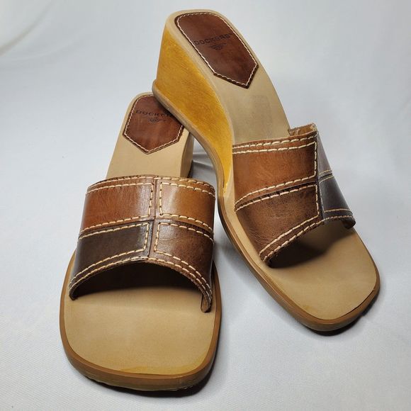 Vintage Y2K DOCKERS Sandals Slip-On Wedge Brown Patchwork Women's Size 8.5 - Picture 1 of 10